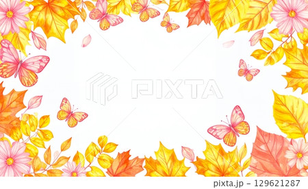 秋の花とピンクの蝶のボーダーフレーム 秋の花とピンクの蝶のボーダーフレーム 129621287