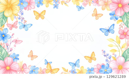 パステル調の花と蝶のボーダーフレーム パステル調の花と蝶のボーダーフレーム 129621289