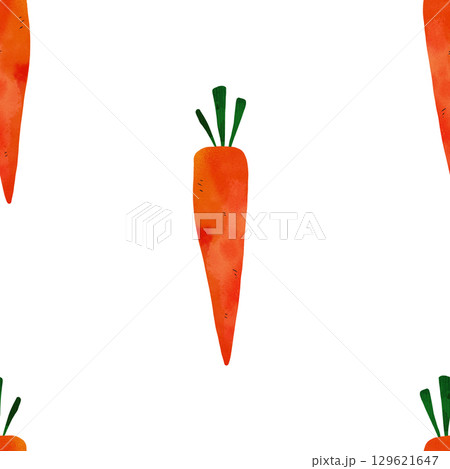 Seamless pattern of hand-drawn carrots with green stems on white background. Perfect for kids' textiles, wallpaper, packaging, or educational materials. Vibrant child-friendly illustration style 129621647