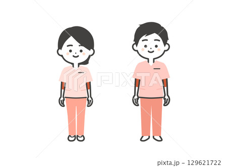スクラブ姿の3頭身男女イラスト 129621722