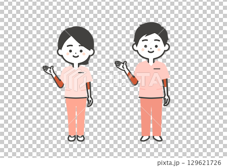 一名男子和一名女子穿著手術服,用手指著的立體插圖 一名男子和一名女子穿著手術服,用手指著的立體插圖 129621726