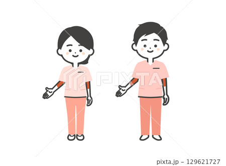 手で下のほうを指すスクラブ姿の3頭身男女イラスト 129621727