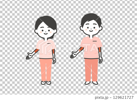 手で下のほうを指すスクラブ姿の3頭身男女イラスト 129621727