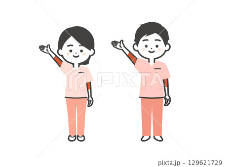 手で上のほうを指すスクラブ姿の3頭身男女イラスト 129621729