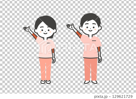 手で上のほうを指すスクラブ姿の3頭身男女イラスト 129621729
