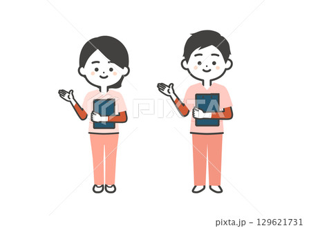 資料を持って手で指すスクラブ姿の3頭身男女イラスト 129621731