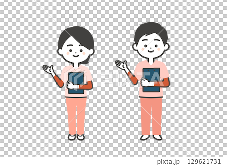 資料を持って手で指すスクラブ姿の3頭身男女イラスト 129621731