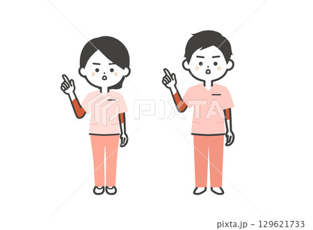 真剣な表情で指をさすスクラブ姿の3頭身男女イラスト 129621733