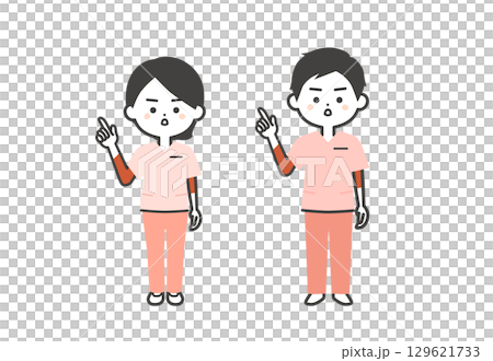 真剣な表情で指をさすスクラブ姿の3頭身男女イラスト 129621733