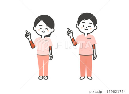 ウインクしながら指をさすスクラブ姿の3頭身男女イラスト ウインクしながら指をさすスクラブ姿の3頭身男女イラスト 129621734