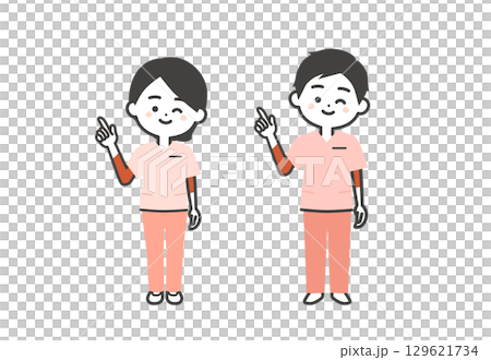 ウインクしながら指をさすスクラブ姿の3頭身男女イラスト ウインクしながら指をさすスクラブ姿の3頭身男女イラスト 129621734