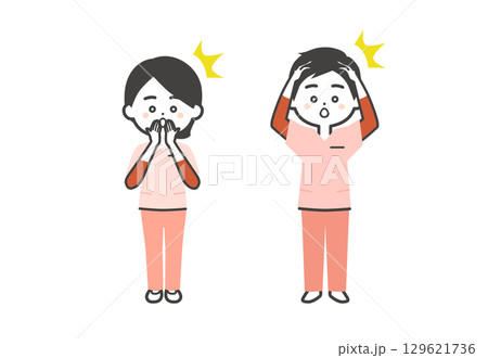 驚くスクラブ姿の3頭身男女イラスト 129621736
