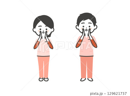 両手を口に添えて呼ぶスクラブ姿の3頭身男女イラスト 129621737