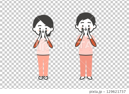 両手を口に添えて呼ぶスクラブ姿の3頭身男女イラスト 129621737