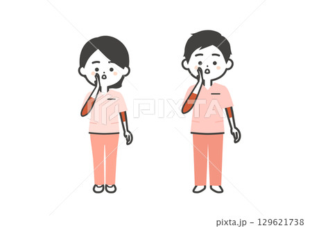 片手を口に添えて呼ぶスクラブ姿の3頭身男女イラスト 129621738