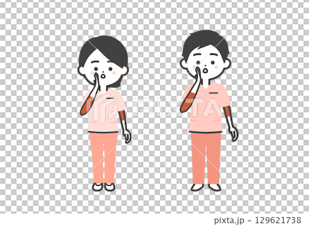 片手を口に添えて呼ぶスクラブ姿の3頭身男女イラスト 129621738
