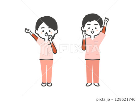 ガッツポーズするスクラブ姿の3頭身男女イラスト 129621740