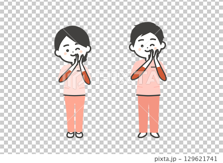 A three-headed illustration of a man and woman in scrubs clapping while winking 129621741