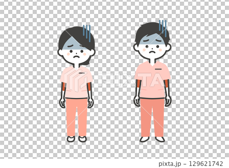 A three-headed illustration of a man and woman wearing scrubs with a gloomy expression 129621742