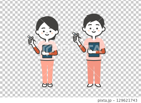 A three-dimensional illustration of a man and woman in scrubs holding a thermometer A three-dimensional illustration of a man and woman in scrubs holding a thermometer 129621743