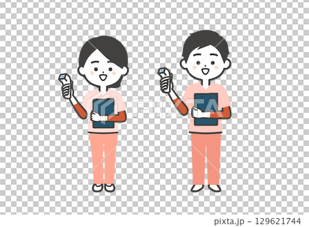 A three-dimensional illustration of a man and woman in scrubs holding a thermometer A three-dimensional illustration of a man and woman in scrubs holding a thermometer 129621744