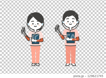 A three-headed illustration of a man and woman in a scrub holding a stethoscope A three-headed illustration of a man and woman in a scrub holding a stethoscope 129621745