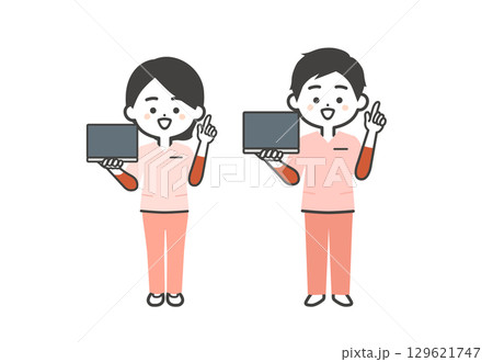 ノートパソコンをもって指を立てるスクラブ姿の3頭身男女イラスト 129621747