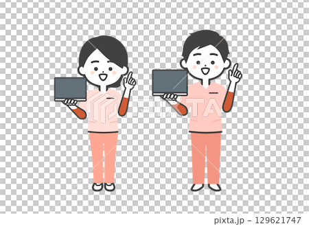 ノートパソコンをもって指を立てるスクラブ姿の3頭身男女イラスト 129621747