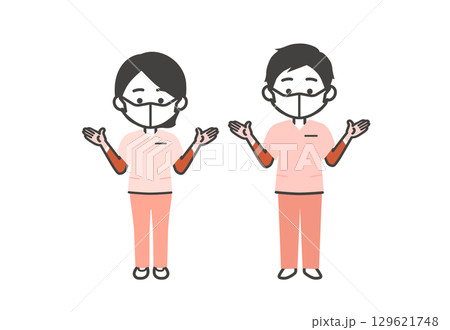 ゴム手袋とマスクをつけたスクラブ姿の3頭身男女イラスト ゴム手袋とマスクをつけたスクラブ姿の3頭身男女イラスト 129621748