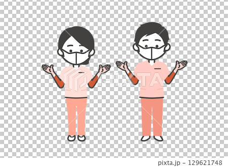 ゴム手袋とマスクをつけたスクラブ姿の3頭身男女イラスト ゴム手袋とマスクをつけたスクラブ姿の3頭身男女イラスト 129621748