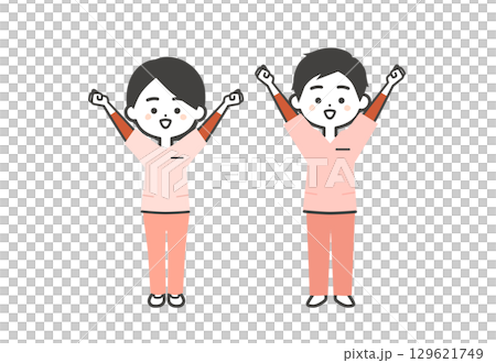 一名身穿手術服的男子和一名女子舉起拳頭的立體插圖 129621749