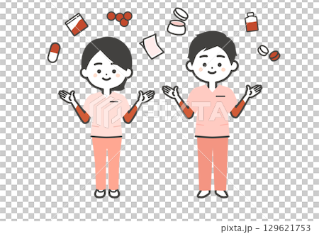 色んな種類の薬品とスクラブ姿の3頭身男女イラスト 129621753