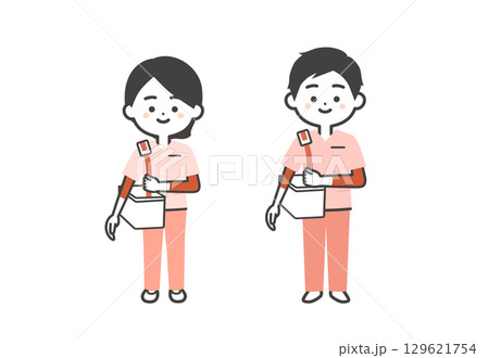 バッグを肩にかけるスクラブ姿の3頭身男女イラスト バッグを肩にかけるスクラブ姿の3頭身男女イラスト 129621754