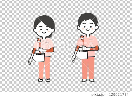 バッグを肩にかけるスクラブ姿の3頭身男女イラスト バッグを肩にかけるスクラブ姿の3頭身男女イラスト 129621754