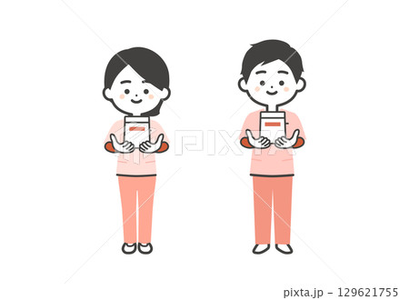 薬袋を差し出すスクラブ姿の3頭身男女イラスト 129621755