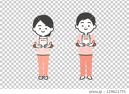 薬袋を差し出すスクラブ姿の3頭身男女イラスト 129621755