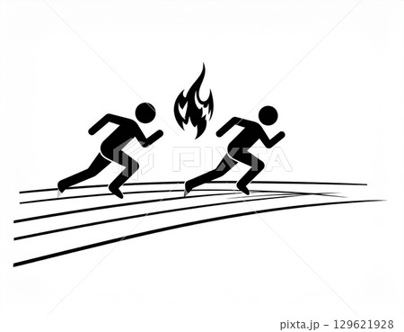 二人のランナーが陸上トラックで競走する白黒ピクトグラムのシンプルな競技アイコン 129621928