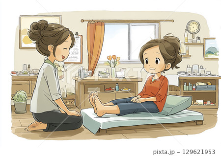 美優シリーズ：絵本調で女性がフットマッサージを受けている 129621953