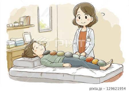 絵本調で女性がホットストーンマッサージを受けている 129621954