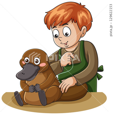 Child Sewing Plush Platypus Toy at Table Child Sewing Plush Platypus Toy at Table 129622153