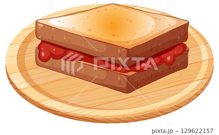 Grilled Sandwich with Jam on Wooden Plate 129622157