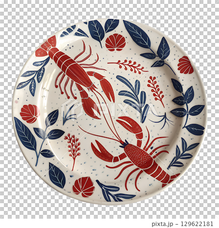 Vintage ceramic plate with red lobsters and blue botanical motifs, retro coastal design isolated on background 129622181