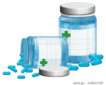 Blue Capsules in Transparent Prescription Bottles Blue Capsules in Transparent Prescription Bottles 129622197