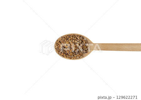Crataegus, commonly called hawthorn, quickthorn,thornapple, May-tree, whitethorn, Mayflower or hawberry on wooden spoon isolated on white background. 129622271