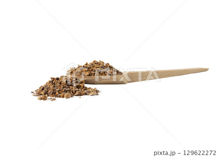 Crataegus, commonly called hawthorn, quickthorn,thornapple, May-tree, whitethorn, Mayflower or hawberry on wooden spoon isolated on white background. 129622272