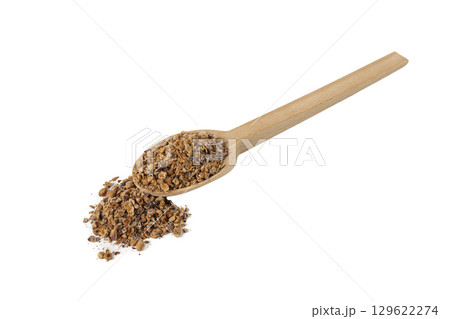 Crataegus, commonly called hawthorn, quickthorn,thornapple, May-tree, whitethorn, Mayflower or hawberry on wooden spoon isolated on white background. 129622274