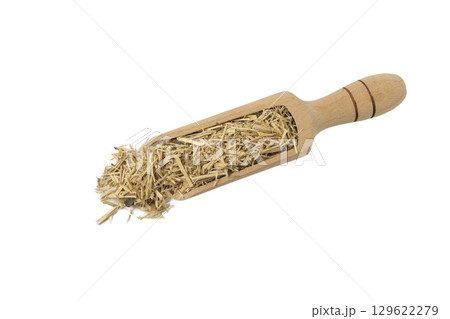 siberian ginseng in latin Eleutherococcus senticosus in wooden scoop isolated on white background. Medicinal herb. siberian ginseng in latin Eleutherococcus senticosus in wooden scoop isolated on white background. Medicinal herb. 129622279