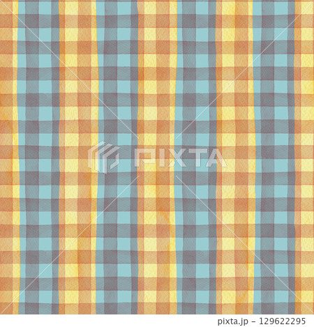 Blue and yellow checkered gingham seamless pattern. Hand drawn watercolor textured brush stroke. Great for kitchen textile and countryside wallpaper. Perfect for simple kids decor and bed linen. 129622295