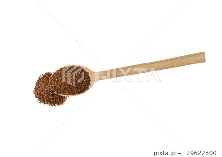Rooibos tea medium cut on wooden spoon isolated on white background. Rooibos in latin Aspalathus linearis. herb. herbal tea. food ingredient. 129622300