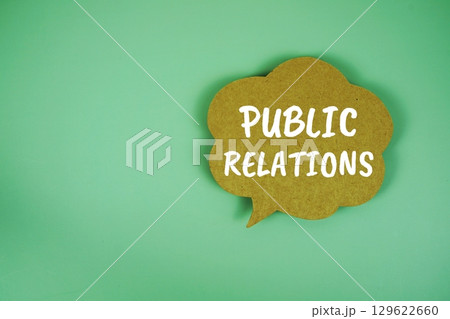 Public Relations text with speech bubble on green background 129622660